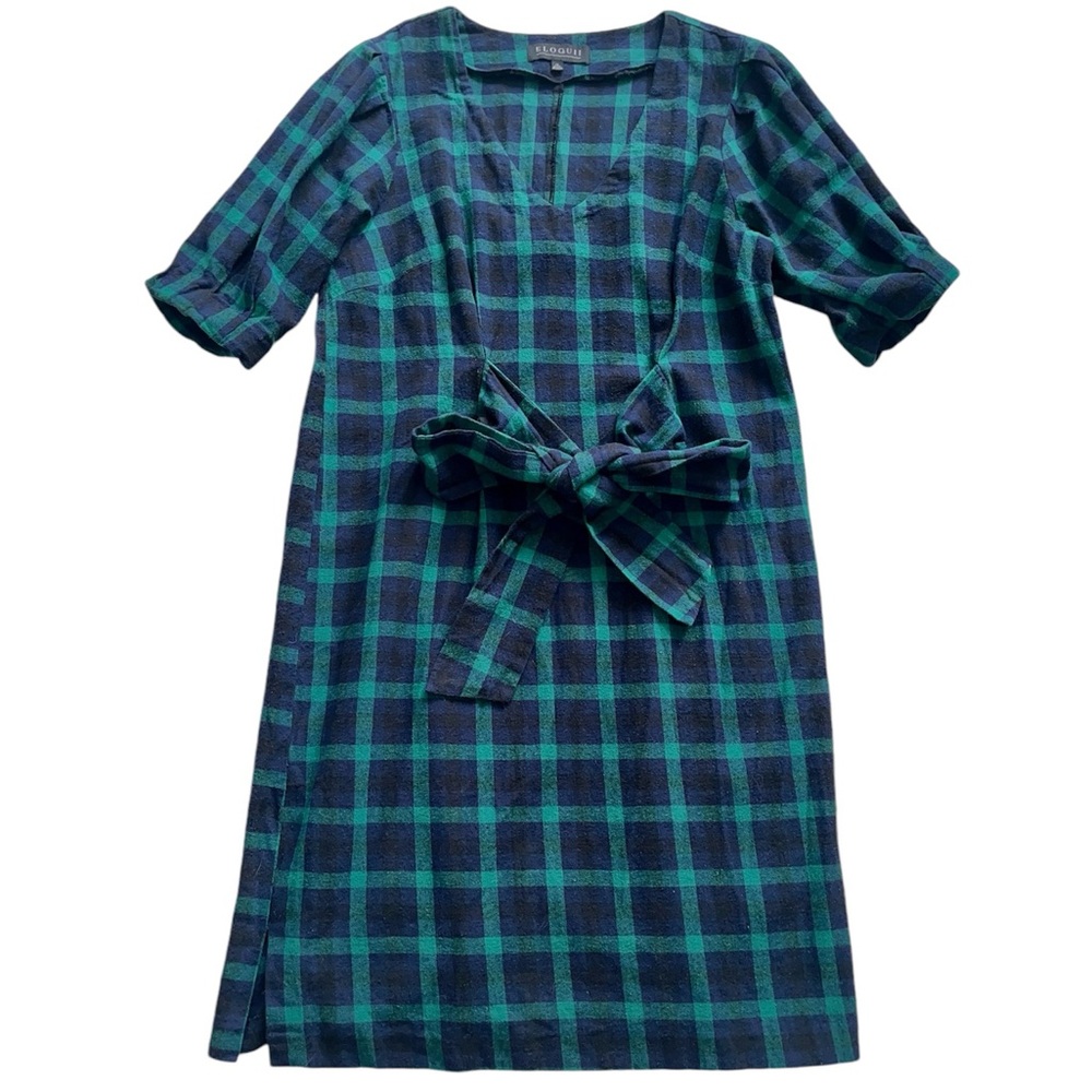 Eloquii Blue & Green Flannel Dress Women’s Size 14 Belted Tie Waist 100% Cotton